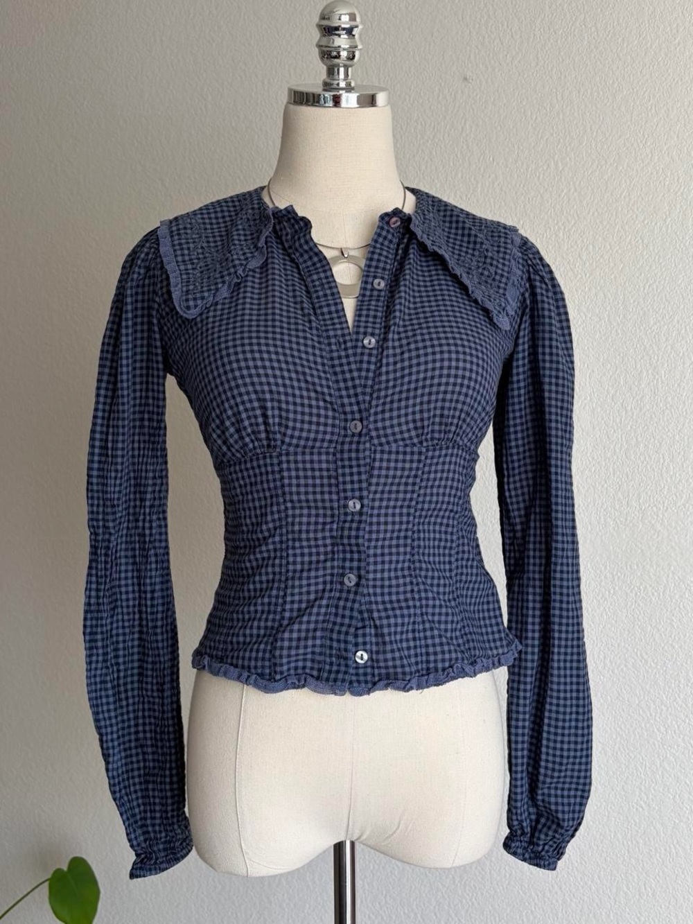 Navy Gingham Button-Up Blouse with Embroidered Collar